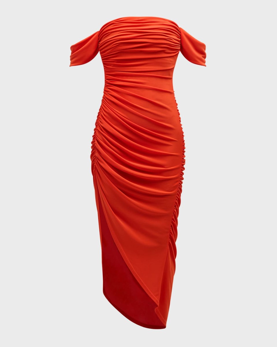 Delaney Off-Shoulder Ruched Midi Dress